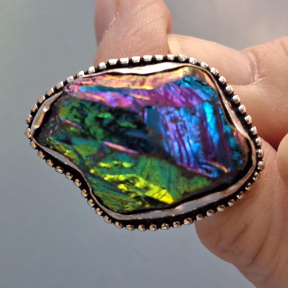 New Rainbow Titanium Crystal Quartz 925 Silver Statement Ring. - Picture 9 of 13
